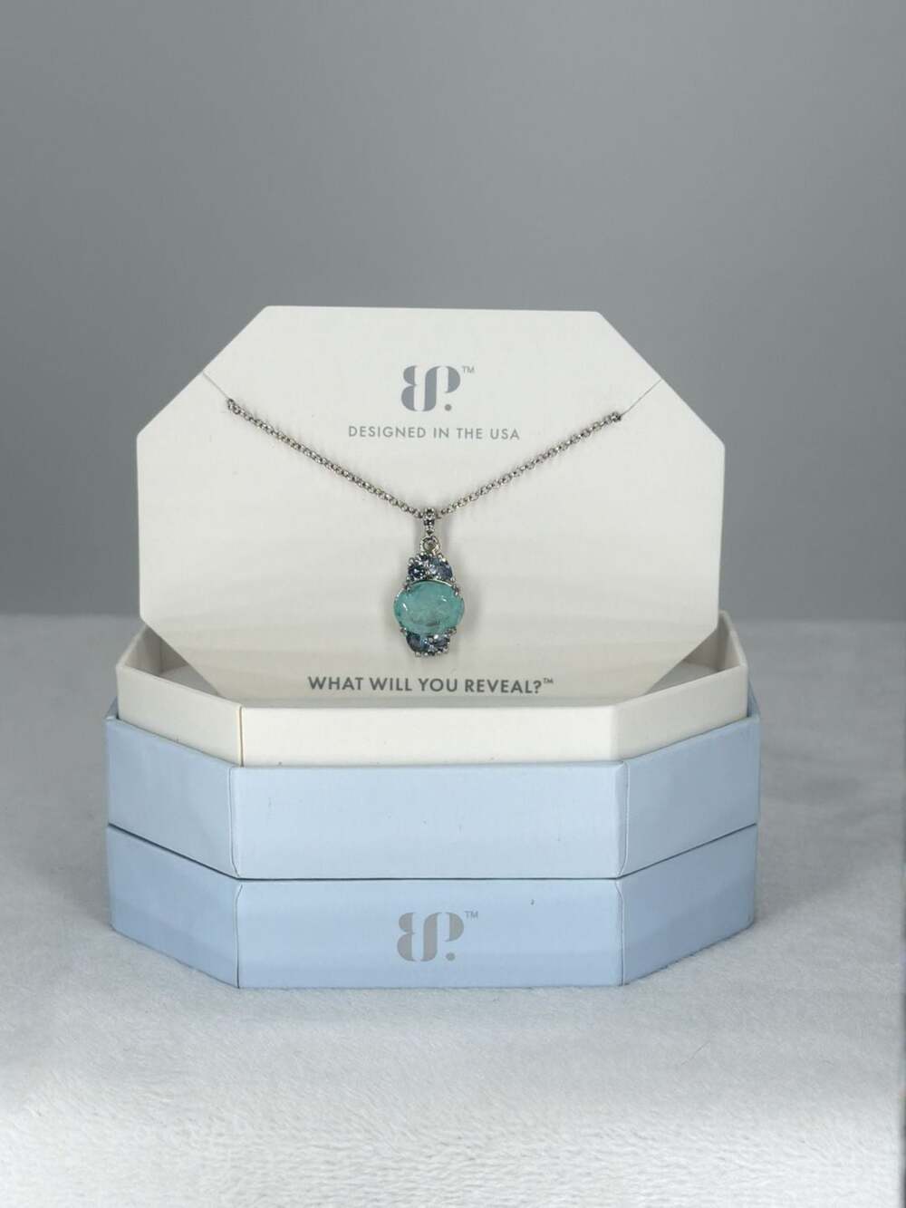 Bomb Party Blessed And Loved  18" + 2.5" Extender Aquamarine on Rhodium